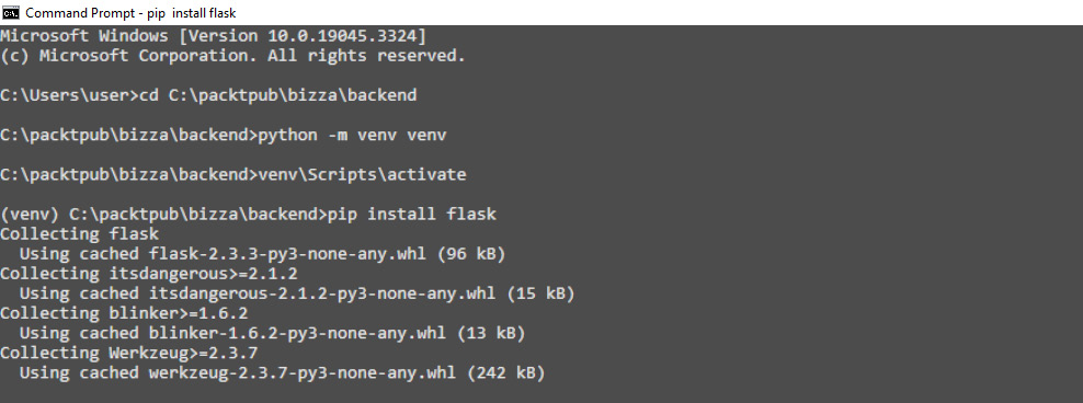 Figure 1.5 – A screenshot showing the terminal commands for the flask installation