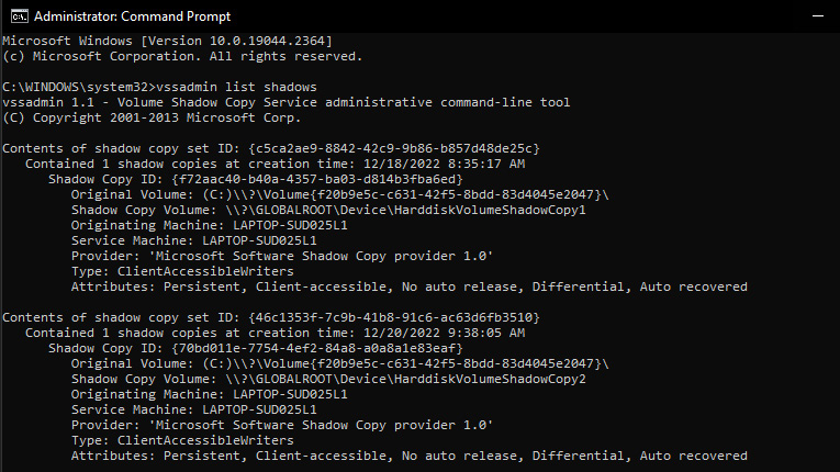 Figure 1.6 – Vssadmin command output