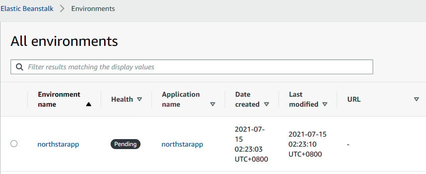 Figure 1.21 – Elastic Beanstalk page showing northstarapp
