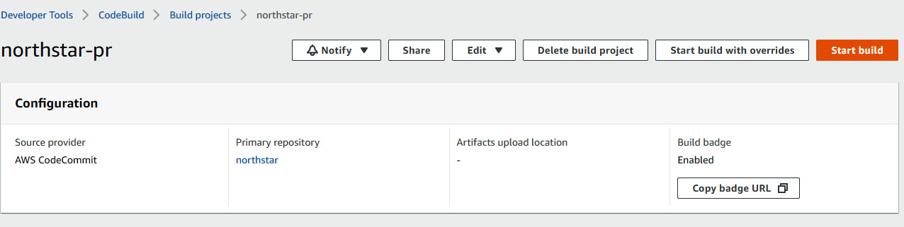 Figure 1.48 – CodeBuild console of northstar-pr project
