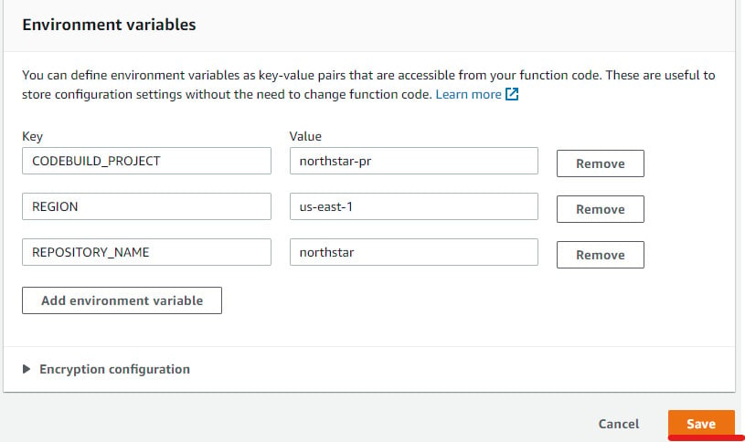 Figure 1.51 – Environment variables for TriggerCodebuildStart lambda function
