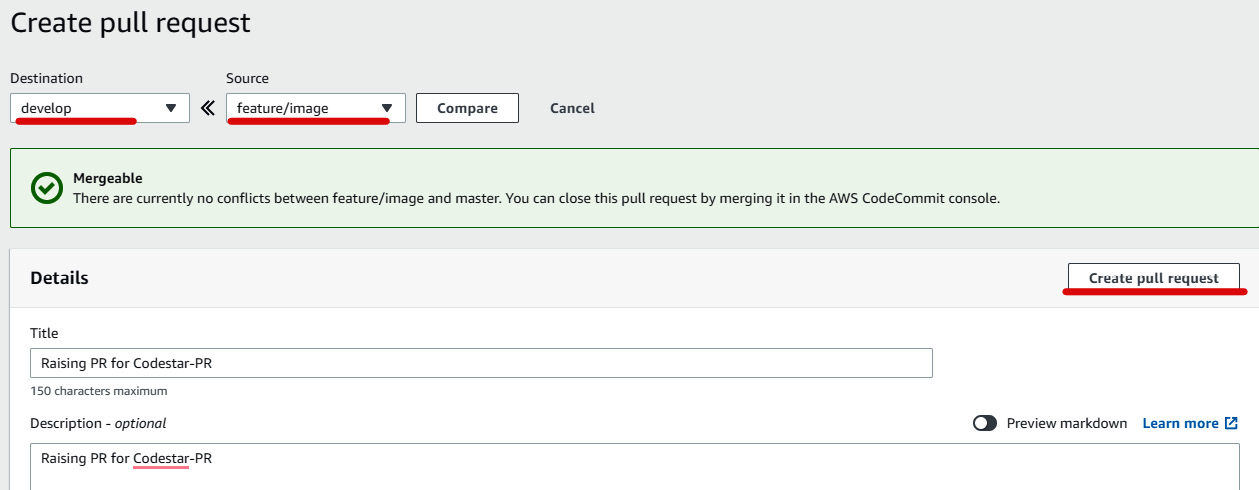 Figure 1.57 – Raising PR via CodeCommit
