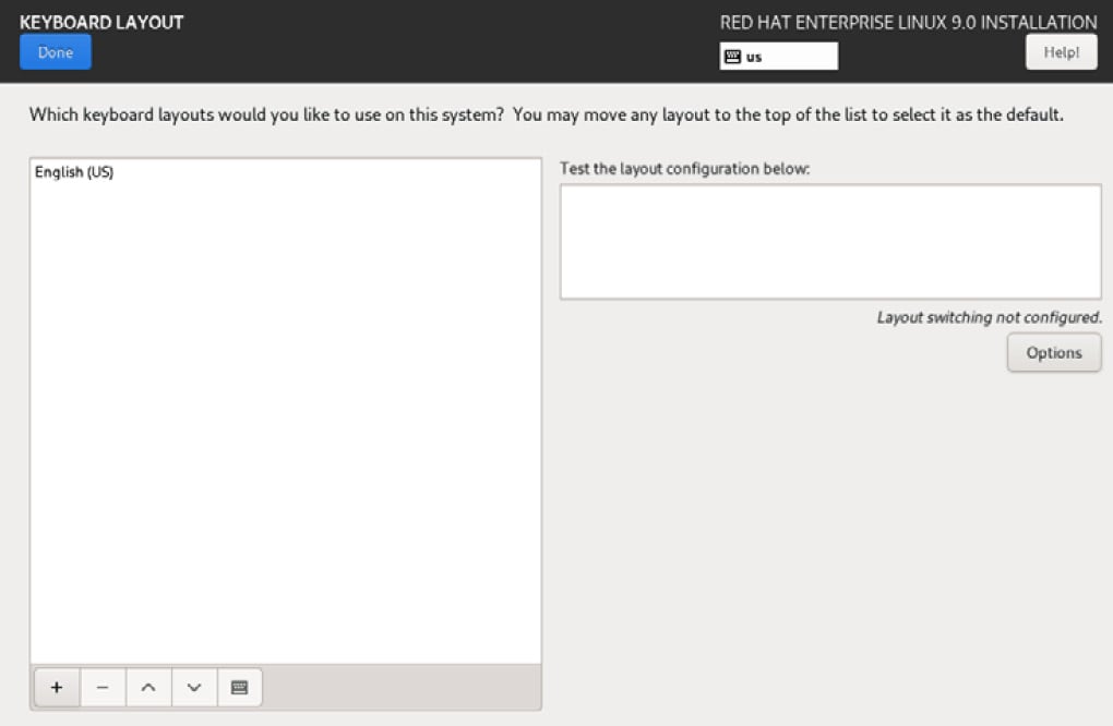 Figure 1.20 – RHEL 9 install – keyboard selection dialog
