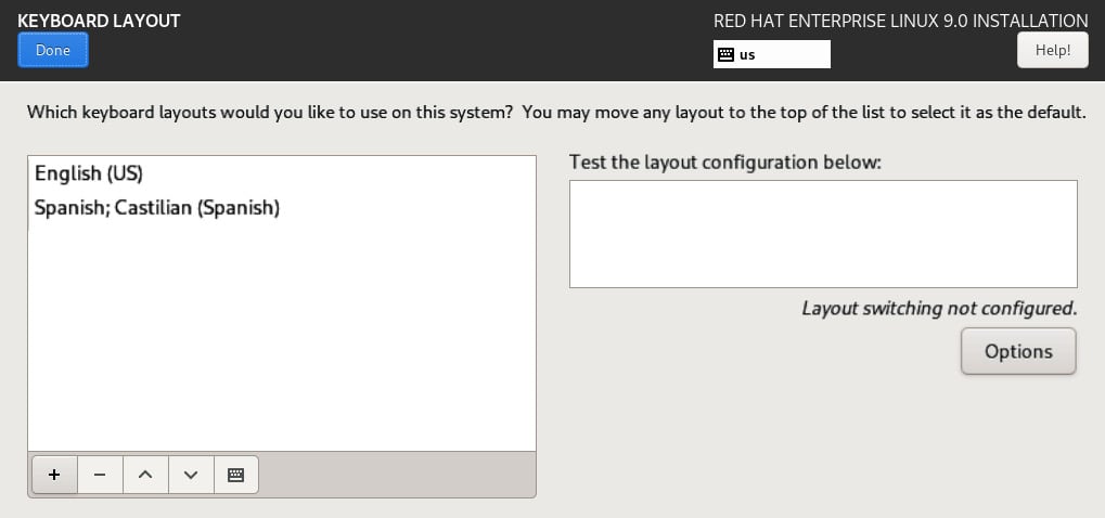 Figure 1.22 – RHEL 9 install – keyboard selection dialog with different keyboards
