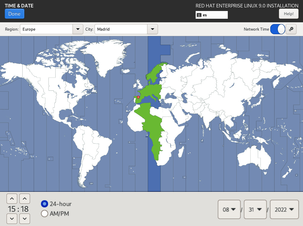 Figure 1.26 – RHEL 9 install – the Time & Date selection dialog – Madrid selected
