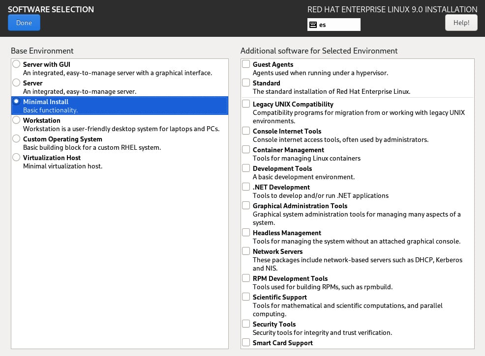 Figure 1.31 – RHEL 9 install – the Software Selection menu; Minimal Install selected
