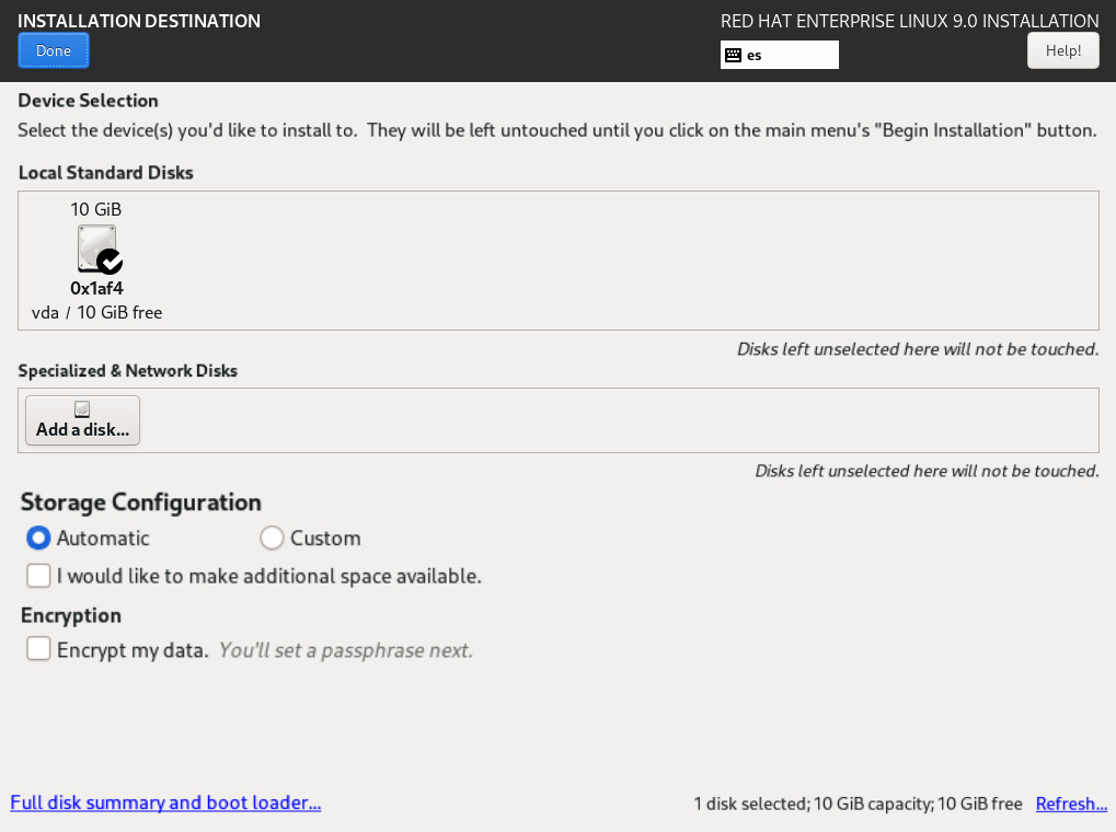 Figure 1.33 – RHEL 9 install – the INSTALLATION DESTINATION menu with automatic partitioning selected
