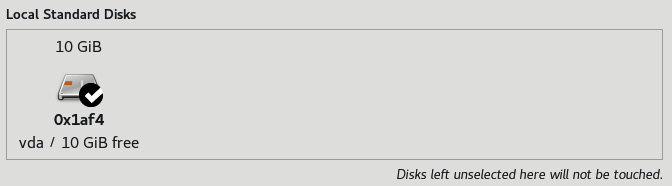 Figure 1.35 – RHEL 9 install – the INSTALLATION DESTINATION menu with a single local disk selected
