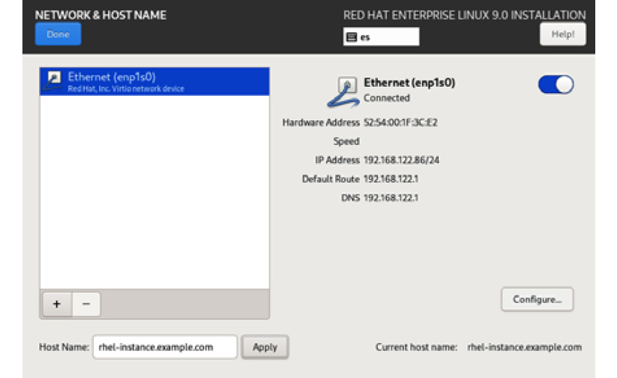 Figure 1.48 – RHEL 9 install – the NETWORK & HOST NAME configuration menu with configuration complete
