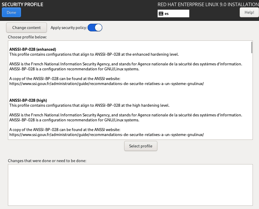 Figure 1.50 – RHEL 9 install – the SECURITY POLICY configuration menu
