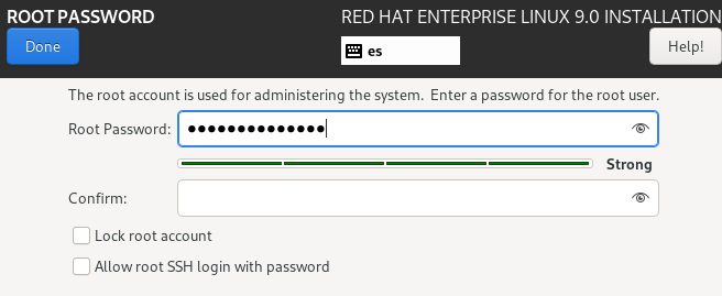 Figure 1.53 – RHEL 9 install – the Root Password configuration menu
