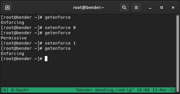 Figure 10.2 – Changing SELinux enforcing status
