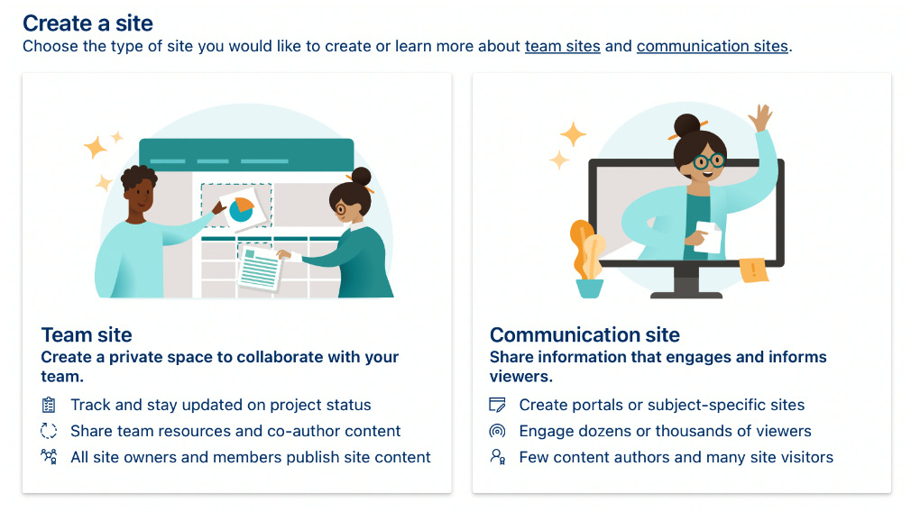 Figure 1.1 – Team site and Communication site template options
