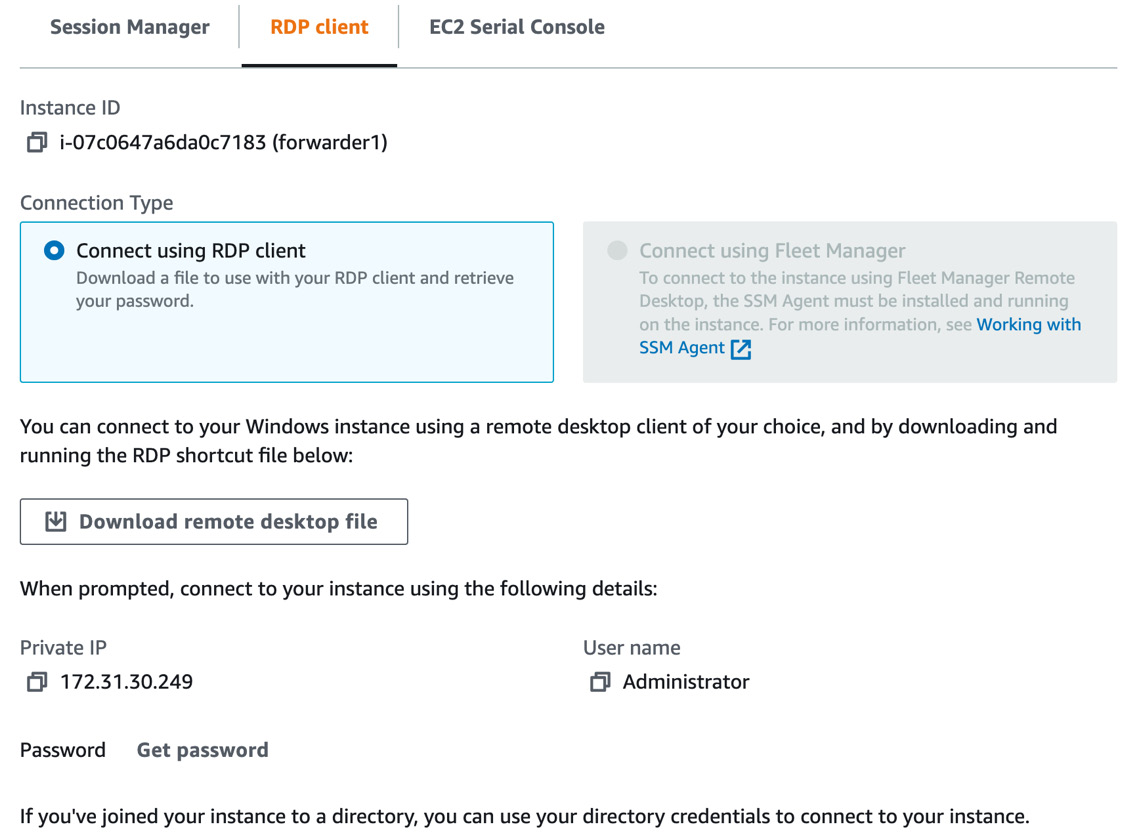 Figure 2.14 – Get password screen for connecting to your forwarders using RDP