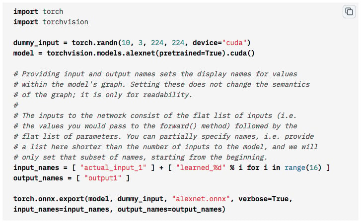 Figure 1.2 – Example code converting ﻿a PyTorch pre-trained AlexNet model to ONNX format