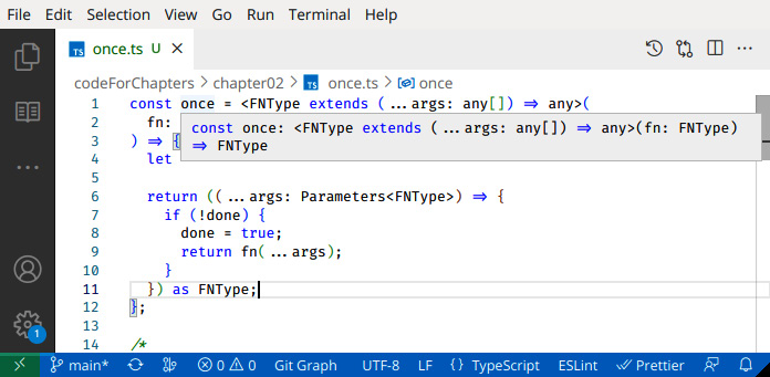 Figure 2.2 – Hovering shows that the type of once()’s output matches the type of its input