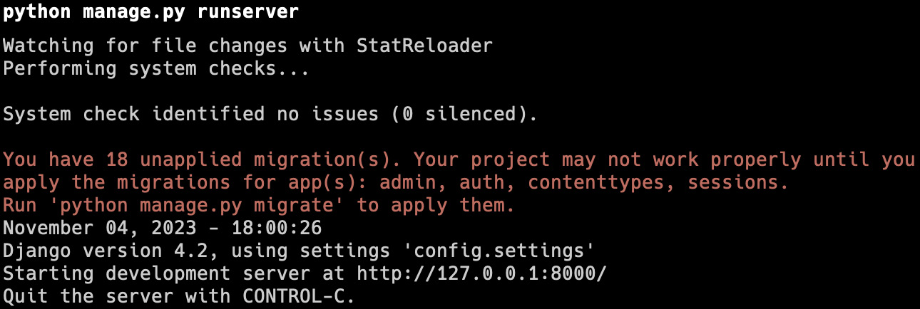 Figure 1.2: The python manage.py runserver command’s output in the shell