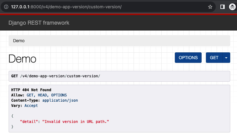 Figure 1.8: 404 error message stating “Invalid version in URL path”