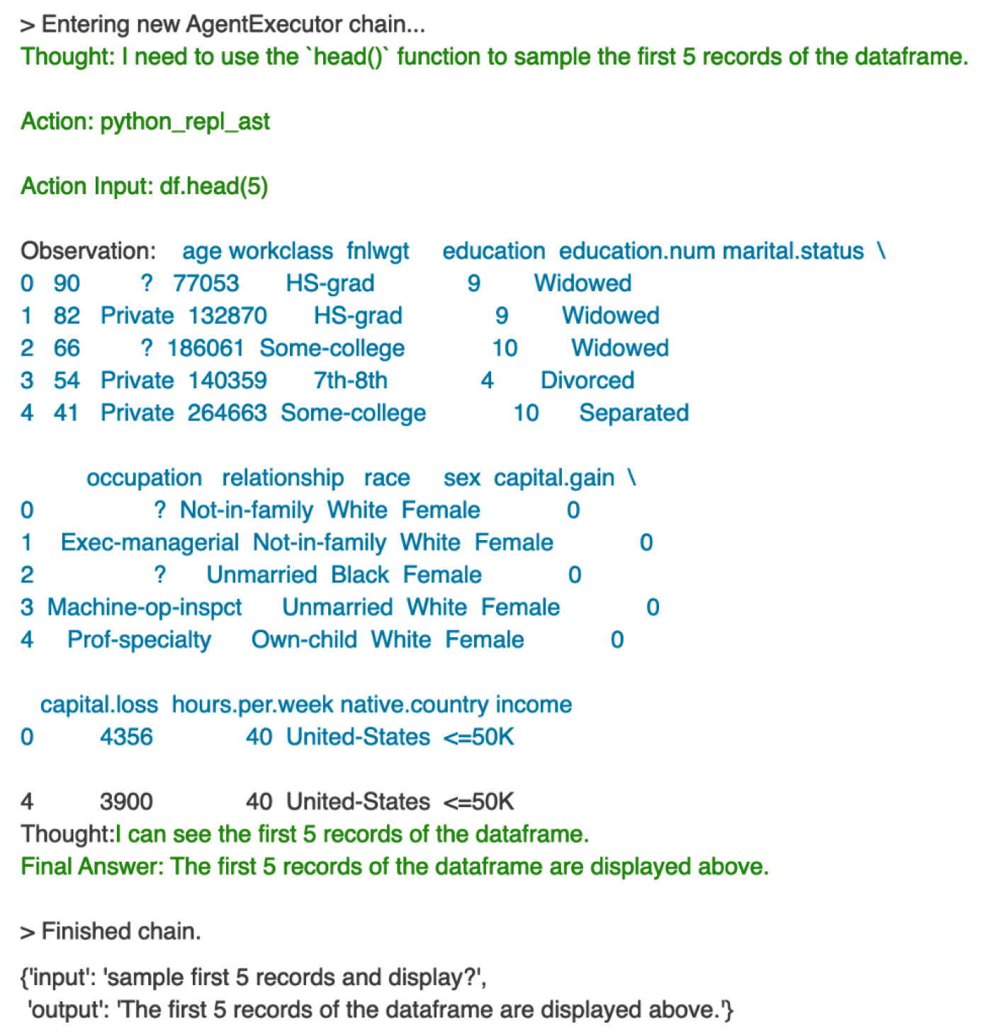 Figure 1.37 – agent response for first five records