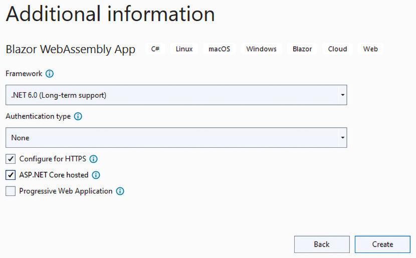 Figure 2.5 – Additional information for setting up the Blazor WebAssembly App template
