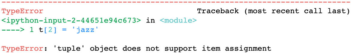 Figure 2.18 – Errors occur when we try to modify the values of a tuple object
