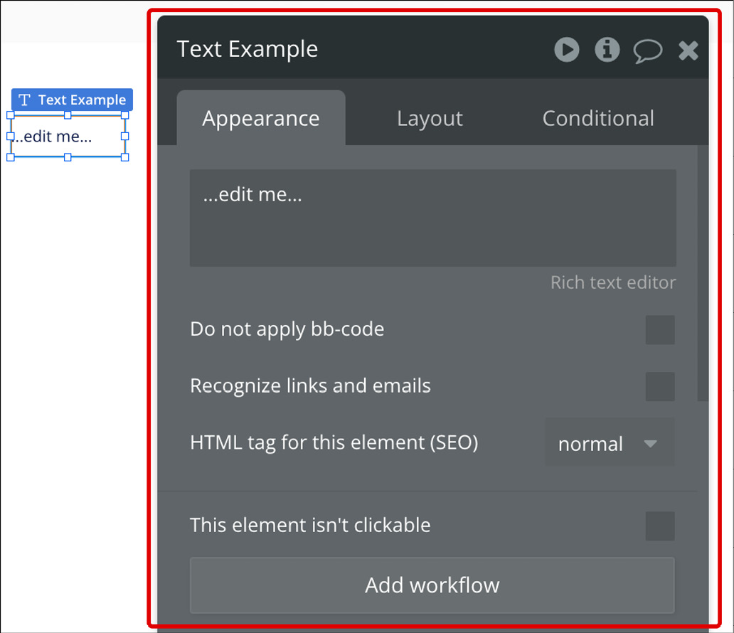 Figure ﻿1.19: Bubble.io – Bubble editor – property editor