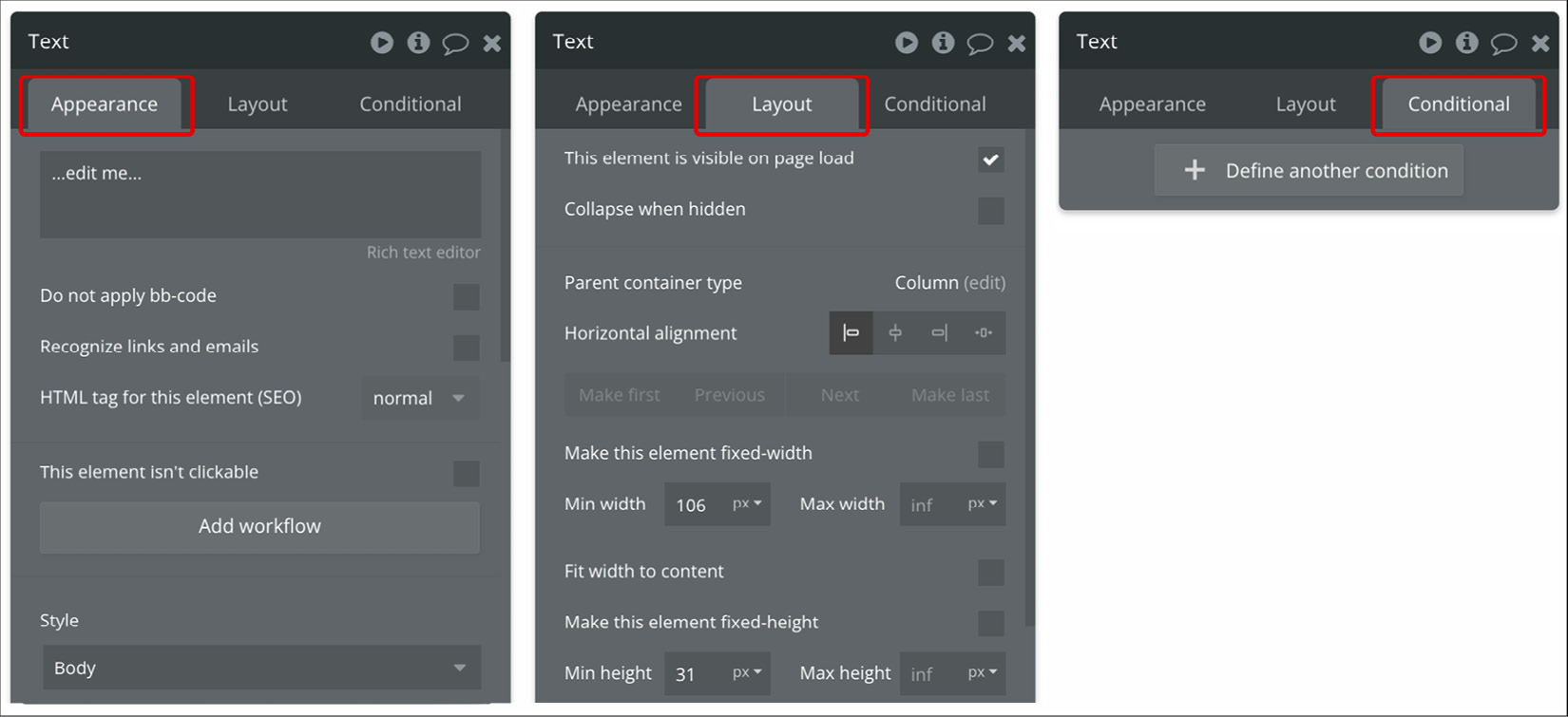 Figure ﻿1.20: Bubble.io – Bubble editor – property editor tabs