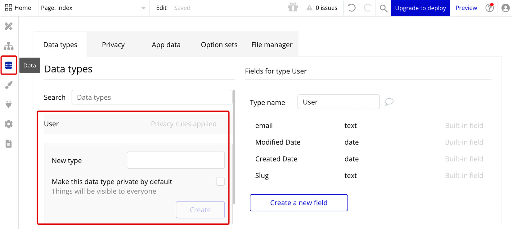 Figure ﻿1.23: Bubble.io – Data tab