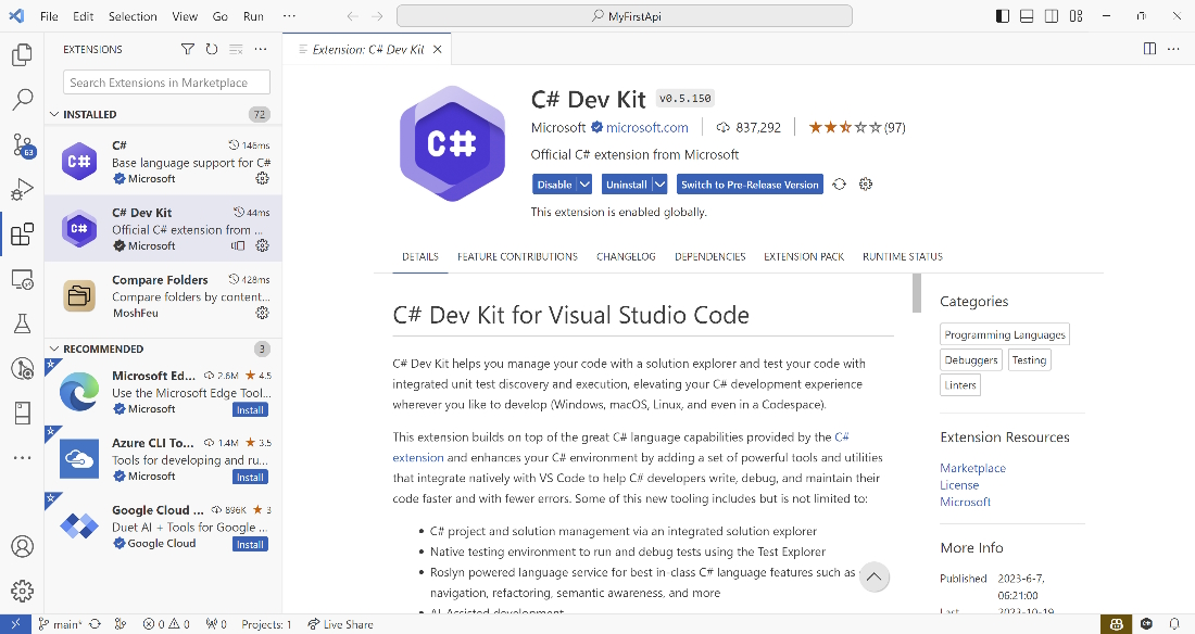 Figure 2.1 – The C# Dev Kit extension for VS Code