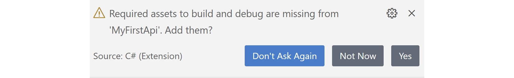 Figure 2.4 – VS Code prompts to add required assets to build and debug