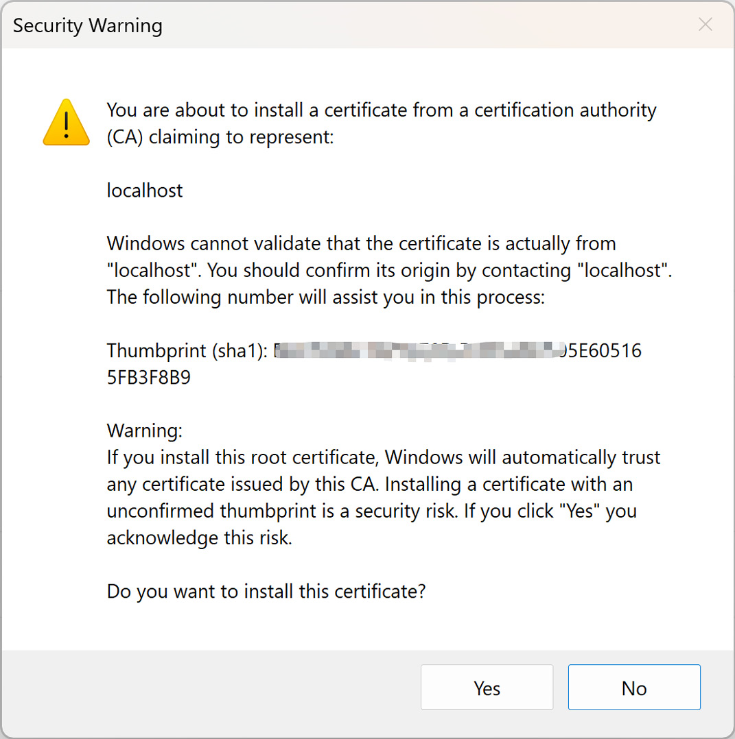 Figure 2.6 – Installing the certificate for local development