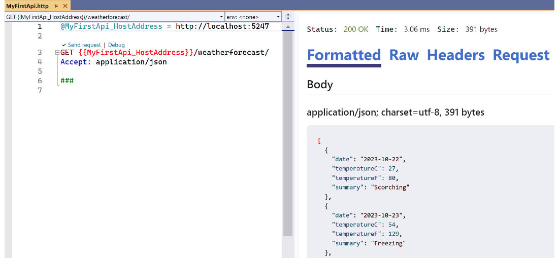 Figure 2.12 – Using the .http file to test the API in Visual Studio 2022