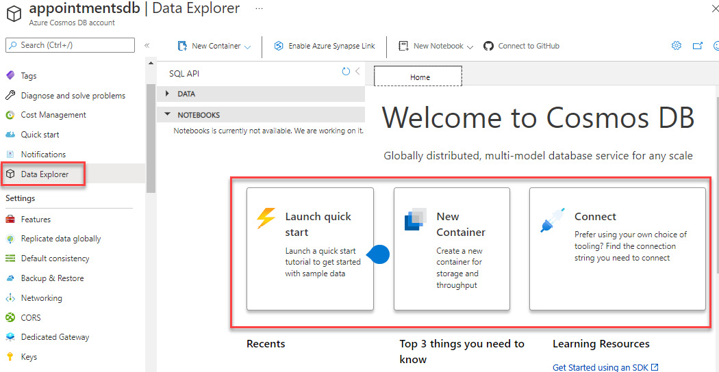 Figure 9.8 – Data Explorer option in the Azure Cosmos DB account