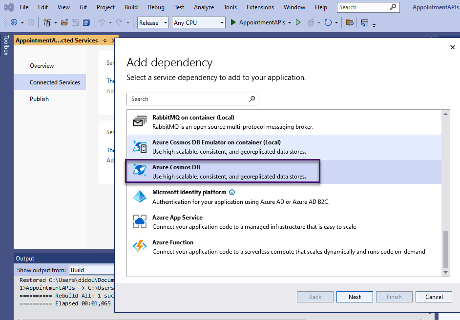 Figure 9.21 – Add dependency – Azure Cosmos DB