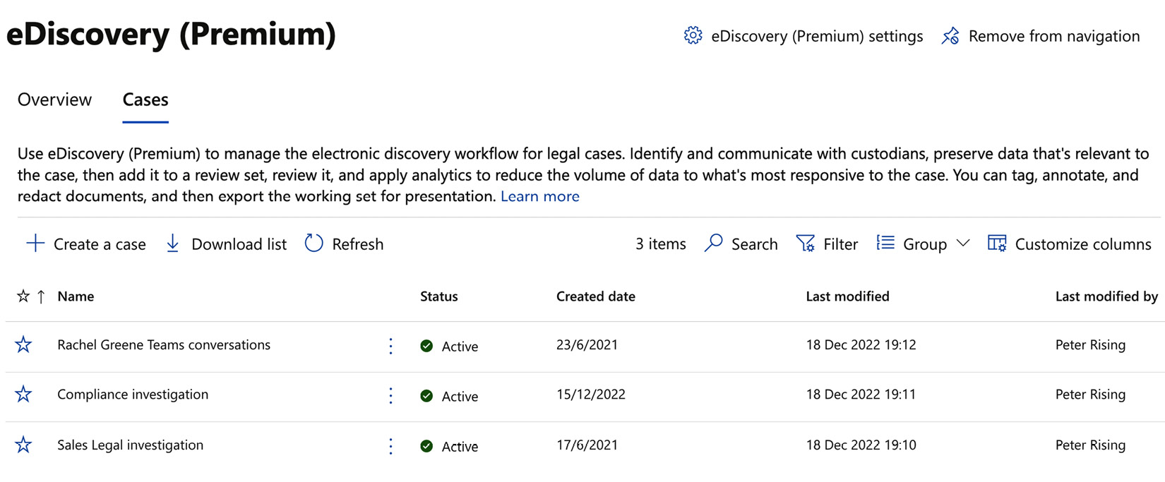 Figure 15.7: eDiscovery ﻿(Premium﻿) case list in Microsoft Purview