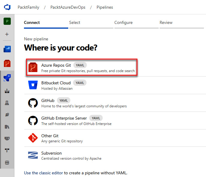 Figure 10.4 – Adding a pipeline from Azure Repos Git YAML