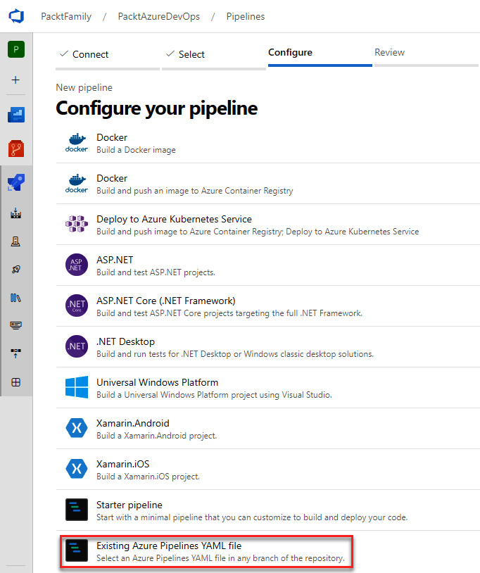 Figure 10.6 – Selecting the Existing Azure Pipelines YAML file option