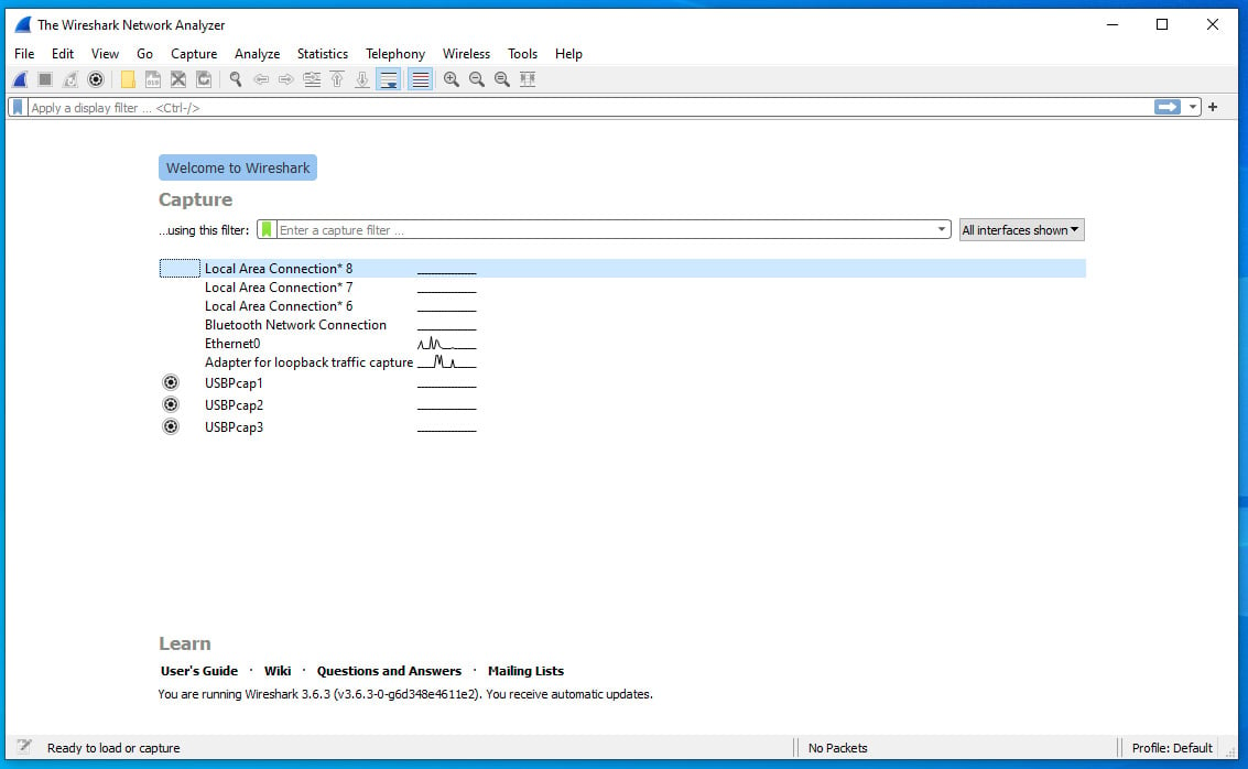 Figure 1.3 – Wireshark dashboard