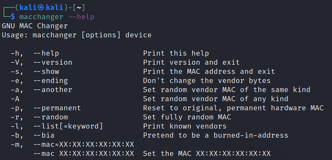 Figure 1.6 – ﻿macchanger usage options