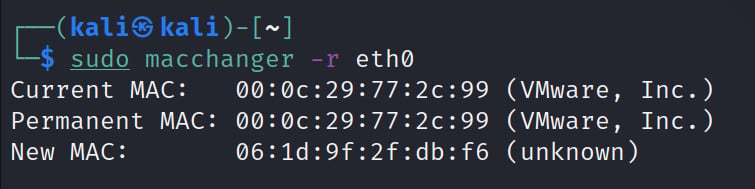 Figure 1.8 – Using macchanger to set a random MAC address