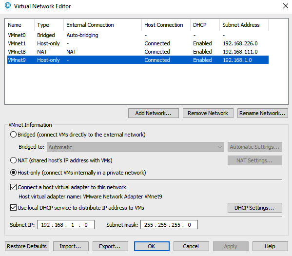 Figure 1.12 – Virtual network configuration on VMware