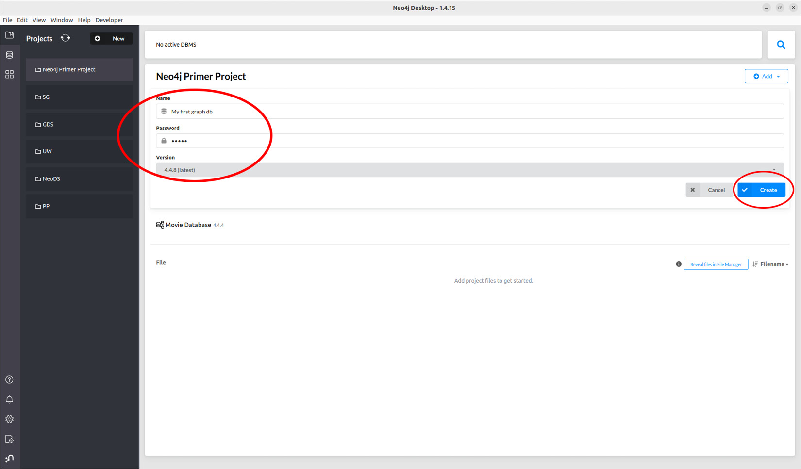 Figure 1.9 – Choosing a name, password, and version for your new database