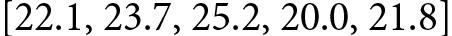 <math xmlns="http://www.w3.org/1998/Math/MathML" display="block"><mrow><mrow><mrow><mo>[</mo><mn>22.1</mn><mo>,</mo><mn>23.7</mn><mo>,</mo><mn>25.2</mn><mo>,</mo><mn>20.0</mn><mo>,</mo><mn>21.8</mn><mo>]</mo></mrow></mrow></mrow></math>