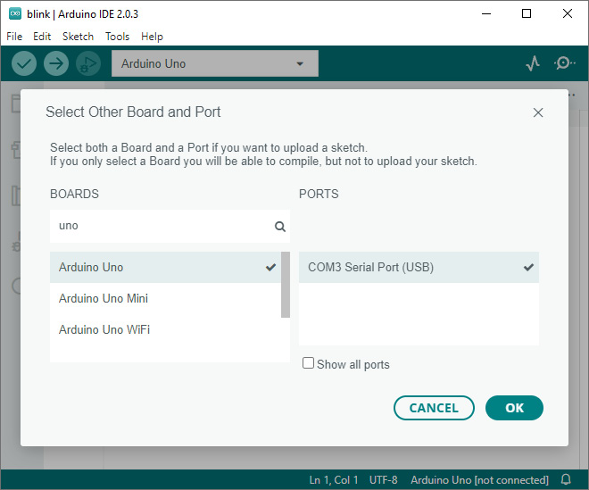 Figure 1.6 – Selecting the board type and serial port