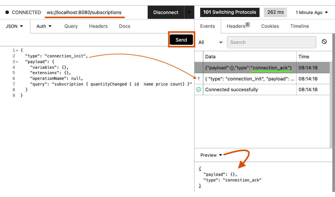 Figure 14.3 – GraphQL subscription connection_init call in the Insomnia client