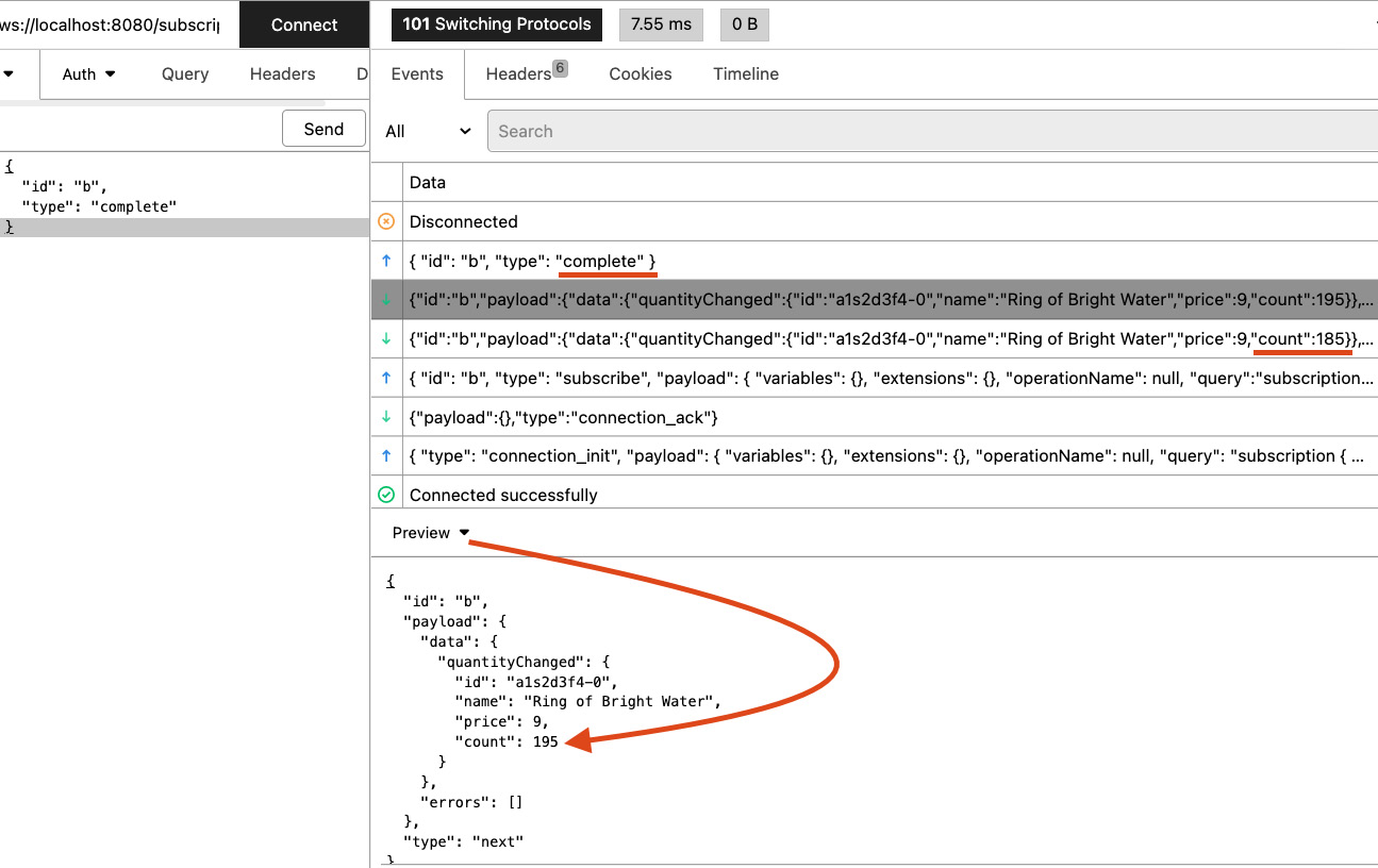 Figure 14.4 – GraphQL subscription’s next and complete calls in the Insomnia client