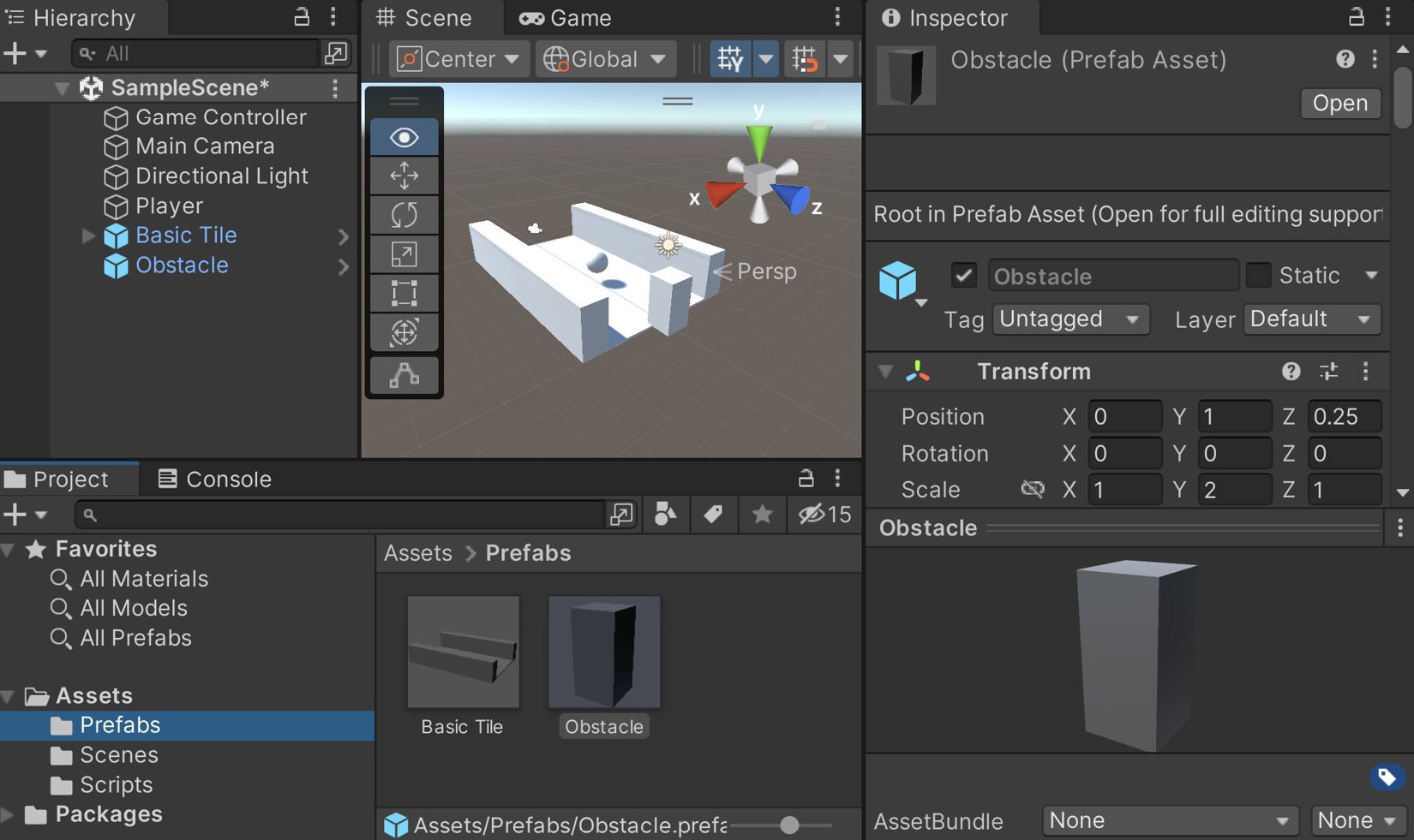 Figure 1.30 – Creating the Obstacle ﻿prefab