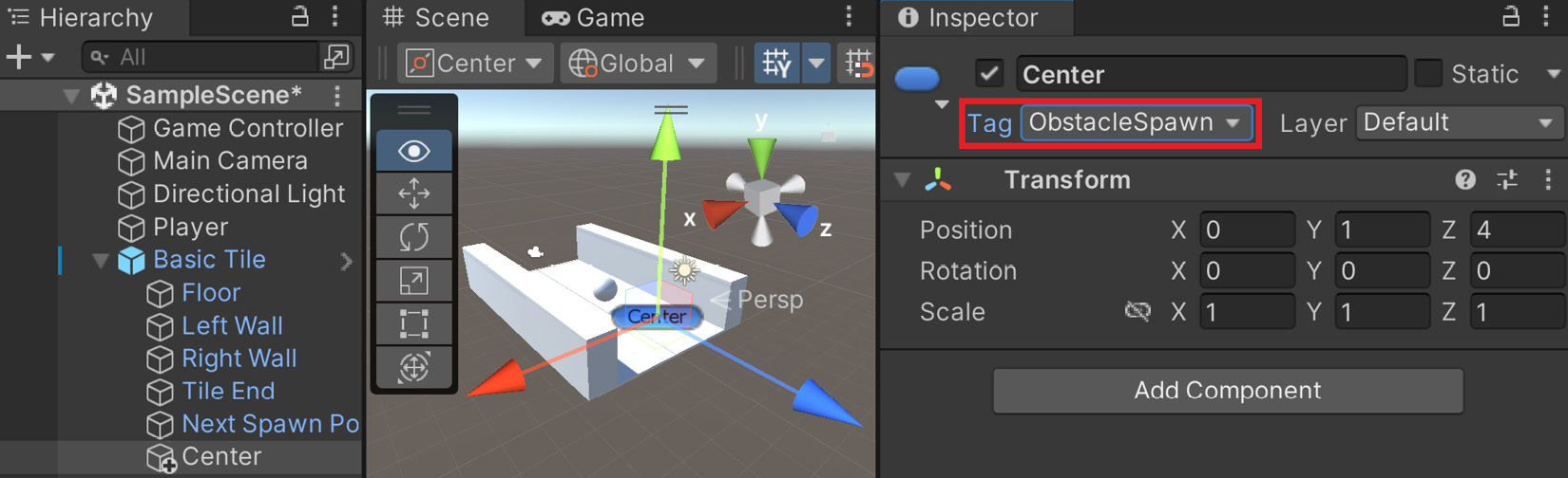 Figure 1.33 – Assigning the tag to the Center object