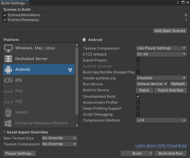 Figure 13.1 – The Build Settings menu﻿