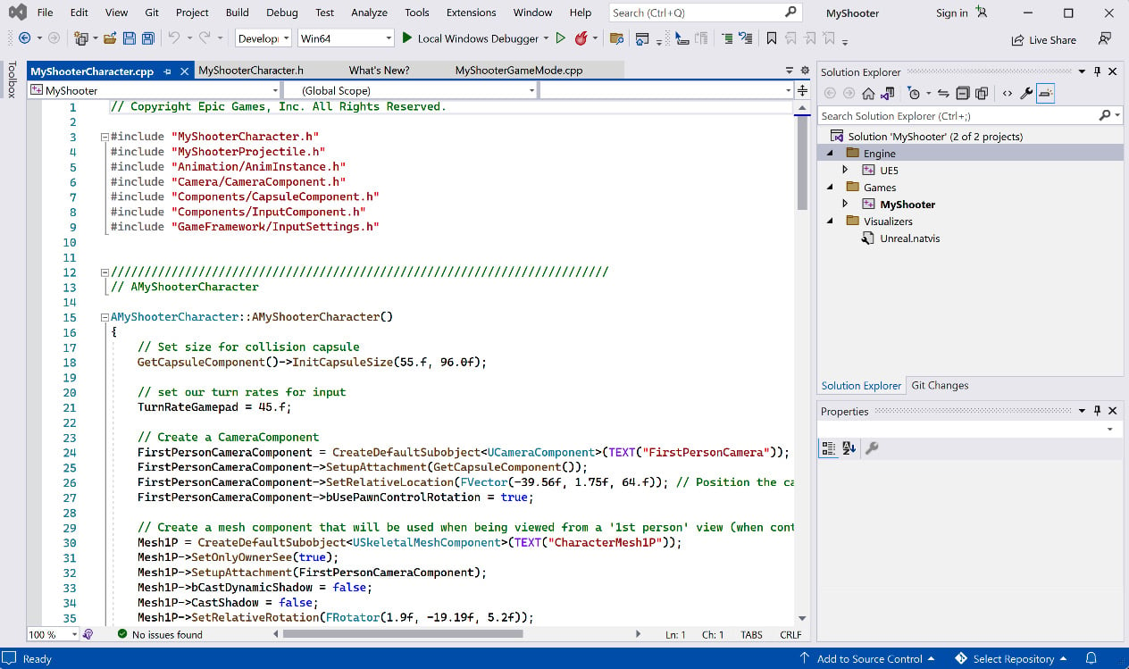 Figure 1.10 – Viewing the MyShooterCharacter.cpp source code in VS